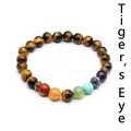 Natural 8mm tiger eye stone bead bracelet featuring seven chakra colors on white background - Tiger's Eye / Bead Diameter 8mm