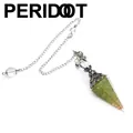 Peridot resin crystal dowsing pendulum with hexagonal cone shape and silver chain - Peridot