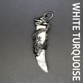 Wolf tooth pendant in white howlite featuring a detailed antique silver dragon wrap - Howlite