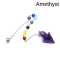 Amethyst crystal dowsing pendulum with seven chakra healing beads on a silver chain - Amethyst