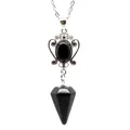Natural black obsidian stone hexagonal cone pendant necklace with ornate setting - Obsidian