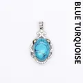 Elegante colgante ovalado de turquesa azul con borde calado de plata para mujer - Turquesa Azul