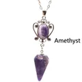 Natural purple amethyst hexagonal cone pendant necklace with decorative silver metal chain - Amethyst