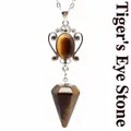 Natural brown tiger eye stone hexagonal cone pendulum pendant necklace with silver chain - Tiger's Eye