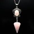 Elegant natural pink rose quartz hexagonal cone pendant necklace with silver chain - Rose Quartz