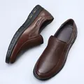 Brown genuine cowhide leather loafers for men, comfortable slip-on casual shoes - 37 / Brown