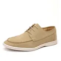 Stylish men's khaki suede lace-up casual loafers with comfortable white flat sole for daily wear - Beige