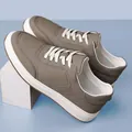 Premium men's taupe genuine leather casual sneakers with lychee texture and white sole. - 36 / Grey Lace-Up