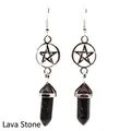 Handmade silver pentagram hook earrings featuring natural black lava stone hexagonal crystal - Lava Stone