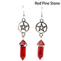 Bohemian silver pentagram earrings featuring natural red turquoise hexagonal pillar stone - Red Howlite