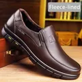 Brown genuine leather loafers with warm fleece lining for business and casual wear - 37 / Fleece Lined Style / Brown