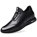 Side view of black leather elevator shoes for men with unique stitching details - 37 / Flat Casual Style (LJ7706) / Black