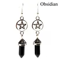 Silver-tone hollow pentagram earrings featuring natural black obsidian hexagonal pillars - Obsidian