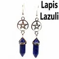 Lapis Lazuli hexagonal pillar drop earrings featuring silver-toned pentagram design - Lapis Lazuli