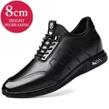 Close-up of black genuine leather men's elevator shoe with detailed stitching and lace-up - 37 / 8cm Hidden Height Increasing Style (LJ7706) / Black