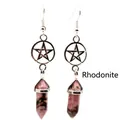 Dangle pentagram earrings with natural pink Rhodonite hexagonal prism stone pendant - Rhodonite