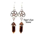Natural Tiger's Eye pentagram hexagonal pillar drop earrings in silver finish - Tiger's Eye