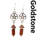 Silver hollow pentagram hook earrings with reddish brown goldstone pillar pendants - Gold Sandstone