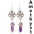 Natural amethyst hexagonal column hook earrings with silver pentagram design motif - Amethyst