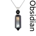 Hexagonal black obsidian crystal pillar pendant necklace with silver chain - Obsidian (Silver)