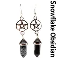 Handmade snowflake obsidian hexagonal pillar earrings with silver pentagram charms - Snowflake Obsidian