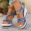 Detailed shot of Bohemian denim wedge sandals with ethnic colorful beads and charms - 36 / Blue