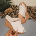 Macro detail of grey suede fish mouth wedge sandals with stylish cork platform sole - 38 / Off White