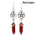 Natural red jasper hexagonal column earrings with hollow silver pentagram charms - Red Jasper