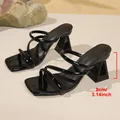 Detailed view of elegant black square-toe sandals featuring a unique 8cm geometric triangular heel - 36 / Black