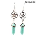 Bohemian silver pentagram earrings with turquoise hexagonal pillar stone dangles - Turquoise