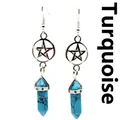 Silver pentagram earrings with blue turquoise hexagonal column pendants - Blue Turquoise