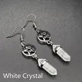 Natural white crystal hexagonal point earrings featuring a hollow pentagram design - White Crystal