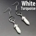 Elegant hexagonal white howlite crystal drop earrings with vintage pentagram charms - Howlite