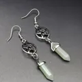 Natural green aventurine drop earrings with silver pentagram charm and hexagonal stone - Aventurine Jade