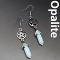 Vintage silver pentagram earrings featuring a milky opalite hexagonal pillar pendant - Opal