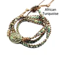 Handmade multi-wrap bracelet with green African Turquoise beads and central oval stone - African Pine Stone