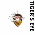 Tiger's eye stone teardrop pendant with silver mask design and red flower - Tiger's Eye