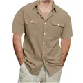 Detailed view of men's khaki cotton linen short sleeve shirt with double chest pockets. - Tan