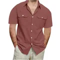 Camicia casual da uomo a maniche corte in cotone e lino con doppie tasche rosa antico - Taglia M / Top / Borgogna