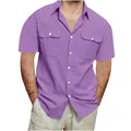 Close-up detail of men's casual lavender cotton linen shirt featuring double chest pockets - Purple