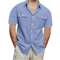 Detalle de camisa para hombre de algodón y lino azul claro con bolsillos dobles - M / Tops / Azul