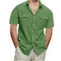 Chemise décontractée pour homme en coton et lin vert à manches courtes et double poche - M / Hauts / Vert
