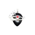 Elegant obsidian water-drop pendant with silver masquerade mask and red flower detail - Obsidian