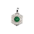 Pendentif en malachite ronde avec lunette en filigrane floral argenté - Malachite (aljylp1545)