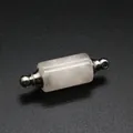 Macro view of a cylindrical pink crystal essential oil bottle pendant with metal caps - Rose Quartz / Silver