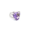 Natural amethyst heart ring featuring silver rose floral motifs and an adjustable open band - Amethyst