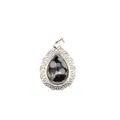 Elegant snowflake obsidian pendant with intricate silver filigree teardrop design - Snowflake Obsidian