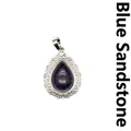 Elegant teardrop blue sandstone pendant featuring an intricate silver-tone filigree frame - Blue Sandstone
