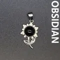 Eleganter Sonnenblumen-Anhänger mit schwarzem Obsidian und Kristallverzierung - Obsidian