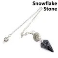 Natural snowflake obsidian stone hexagonal pendulum necklace with silver-tone chain - Snowflake Obsidian